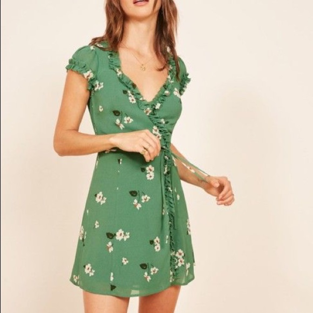 Reformation Floral Green Wrap Dress Size L